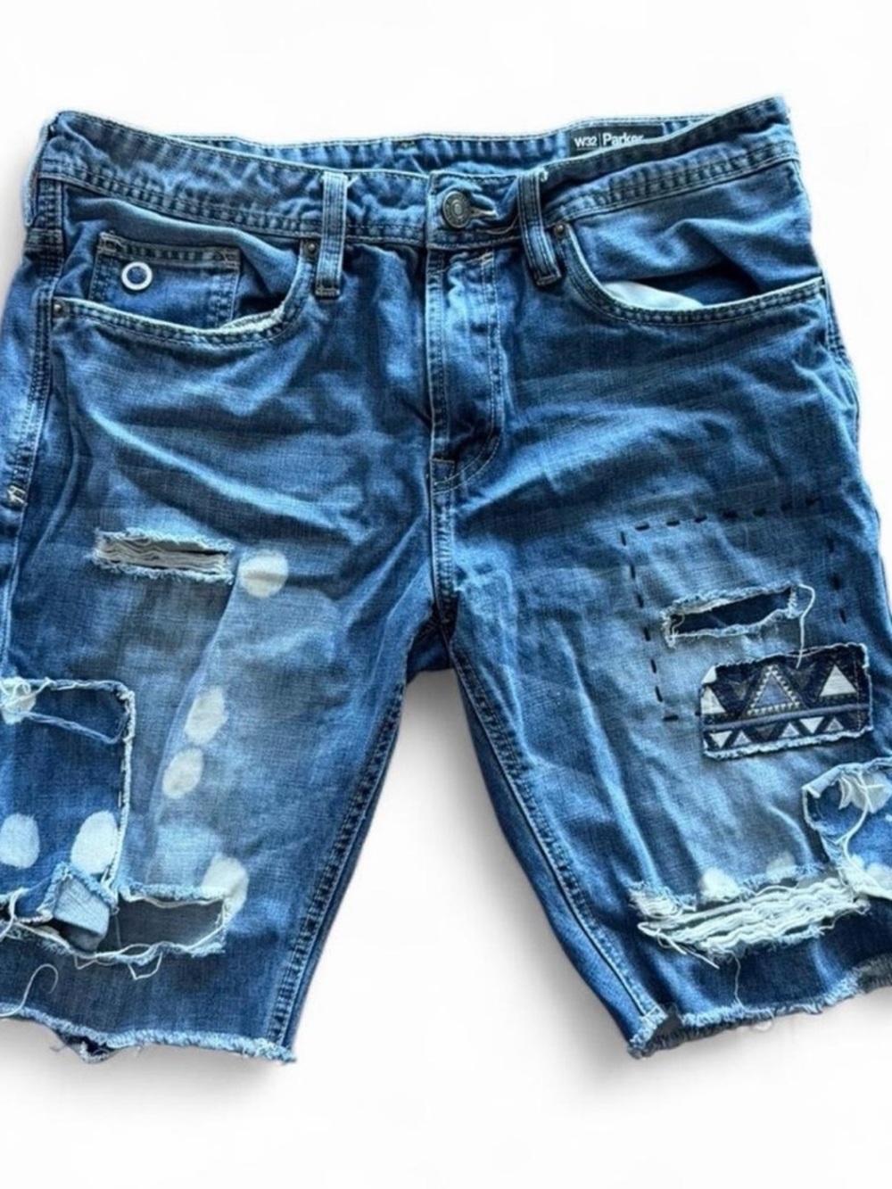 Parker Distressed Blue Denim Patchwork Shorts